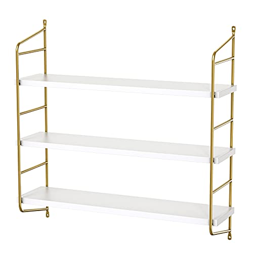 Floating Shelves Wall Mounted, Gold Wall Shelves for Living Room, Bedroom, Bathroom, Kitchen, 3 Tier Bookshelf 24 Inch White and Gold - AMFS15