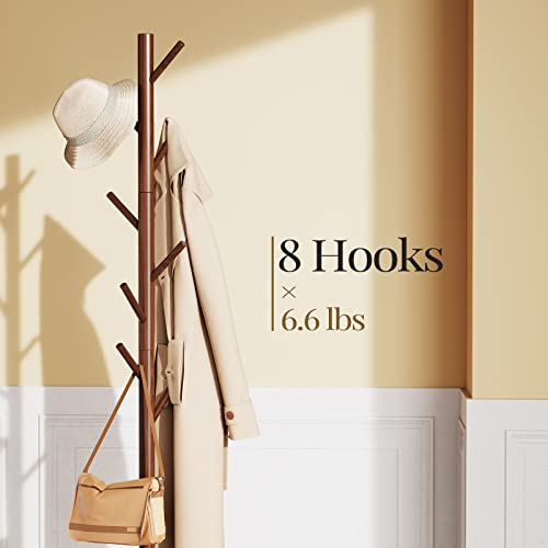 Coat Rack, Wooden Coat Rack Stand with 3 Height Options and 8 Hooks, Sturdy Freestanding Coat Rack for Clothes/Bags/Hats, Coat Rack for Home/Office/Entryway/Hallway, PIWCR01, Brown