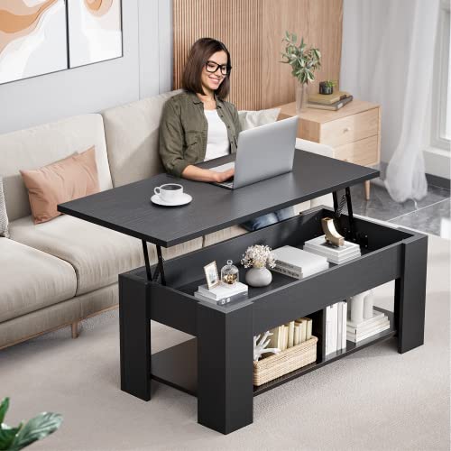 Coffee Table Lift Top with Storage Compartment and Separated Open Shelves, Pop Up Coffee Table for Living Room, 39.4in L, Black