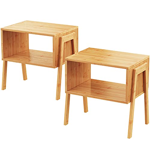 Bamboo Stackable End Tables, Wood Living Room Nightstand, Bedside Tables for Bedroom Storage, Set of 2