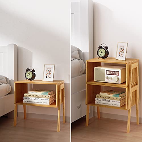 Bamboo Stackable End Tables, Wood Living Room Nightstand, Bedside Tables for Bedroom Storage, Set of 2