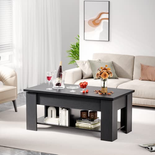 Coffee Table Lift Top with Storage Compartment and Separated Open Shelves, Pop Up Coffee Table for Living Room, 39.4in L, Black