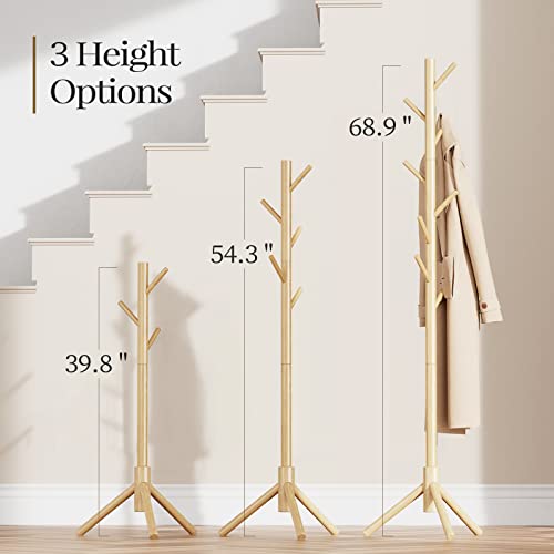 Coat Rack, Wooden Coat Rack Stand with 3 Height Options and 8 Hooks, Sturdy Freestanding Coat Rack for Clothes/Bags/Hats, Coat Rack for Home/Office/Entryway/Hallway, PIWCR02, Wooden