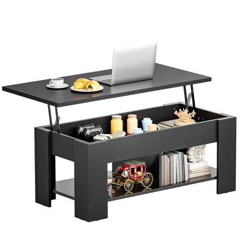 Coffee Table Lift Top with Storage Compartment and Separated Open Shelves, Pop Up Coffee Table for Living Room, 39.4in L, Black