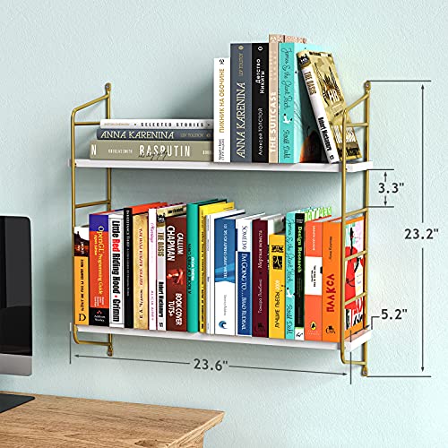 Floating Shelves Wall Mounted, Gold Wall Shelves for Living Room, Bedroom, Bathroom, Kitchen, 3 Tier Bookshelf 24 Inch White and Gold - AMFS15