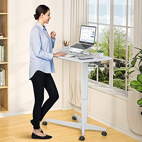 Mobile Standing Desk Height Adjustable Pneumatic Rolling Sit Stand Desk Small Laptop Desk Cart Riser Mobile Podium for Home Office & School