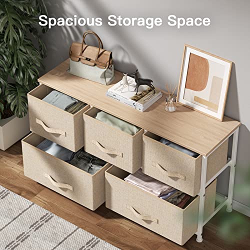 Fabric Dresser, Dresser for Bedroom with 5 Drawers, Wide Dresser Storage Tower Organizer Unit with Wood Top and Easy Pull Handle for Closets, Living Room, Nursery Room, Hallway