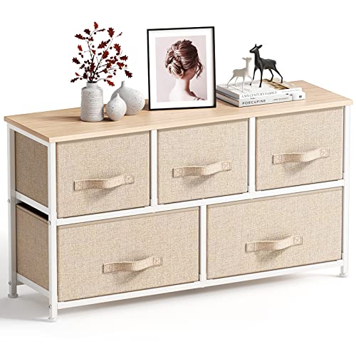 Fabric Dresser, Dresser for Bedroom with 5 Drawers, Wide Dresser Storage Tower Organizer Unit with Wood Top and Easy Pull Handle for Closets, Living Room, Nursery Room, Hallway