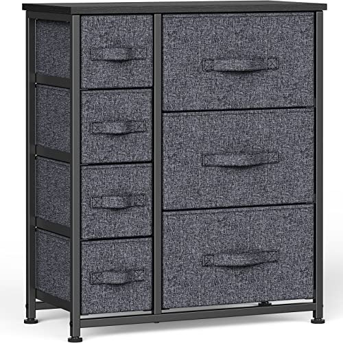 Storage Tower with 7 Drawers Fabric Dresser Drawer Organizer for Bedroom with Steel Frame, Wood Top, Easy Pull Drawer for Closet, Hallway, Entryway, Nursery Room (Black)