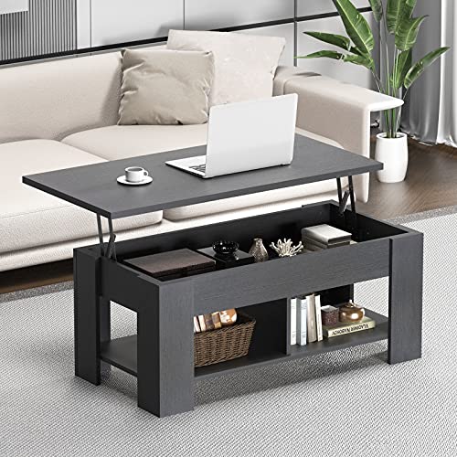 Coffee Table Lift Top with Storage Compartment and Separated Open Shelves, Pop Up Coffee Table for Living Room, 39.4in L, Black