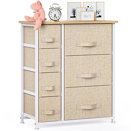 7 Drawer Fabric Dresser Storage Tower, Dresser Chest with Wood Top and Easy Pull Handle, Organizer Unit for Closets, Bedroom, Nursery Room, Office