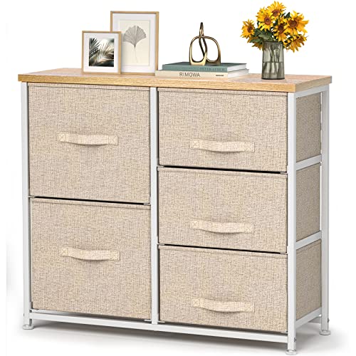 Fabric Dresser, 5 Drawer Storage Chest Tower, Organizer Unit for Bedroom, Hallway, Entryway, Closets and Living Room -Sturdy Steel Frame, Wood Top, Easy Pull