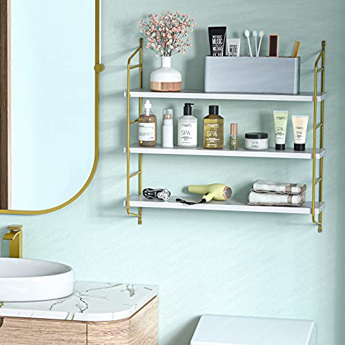 Floating Shelves Wall Mounted, Gold Wall Shelves for Living Room, Bedroom, Bathroom, Kitchen, 3 Tier Bookshelf 24 Inch White and Gold - AMFS15