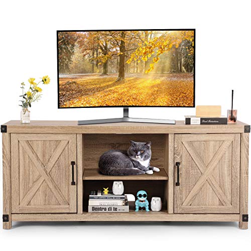 TV Stand for TVs up to 65 Inch with Shelves, Farmhouse TV Stand Style Entertainment Center for Strong Storage, Barn Door TV Stand with Storage for Living Room, APRTS02L