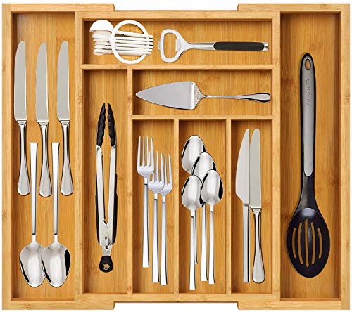 Bamboo Kitchen Drawer Organizer Large Silverware Tray, Expandable Wooden Cutlery Holder for Spoon Fork Flatware Adjustable Utensil Organizer（7-9 Slot）