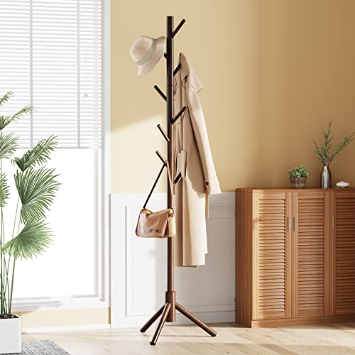 Coat Rack, Wooden Coat Rack Stand with 3 Height Options and 8 Hooks, Sturdy Freestanding Coat Rack for Clothes/Bags/Hats, Coat Rack for Home/Office/Entryway/Hallway, PIWCR01, Brown