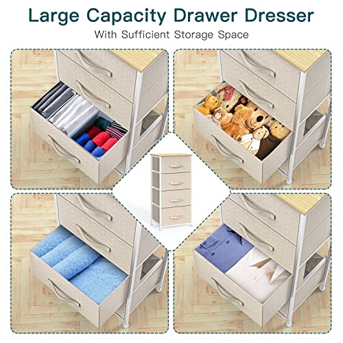 4 Drawer Fabric Dresser Storage Tower, Dresser Chest with Wood Top, Organizer Unit for Closets Bedroom Nursery Room Hallway by