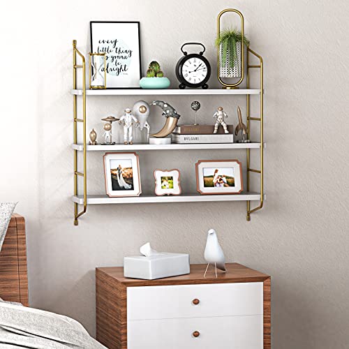 Floating Shelves Wall Mounted, Gold Wall Shelves for Living Room, Bedroom, Bathroom, Kitchen, 3 Tier Bookshelf 24 Inch White and Gold - AMFS15