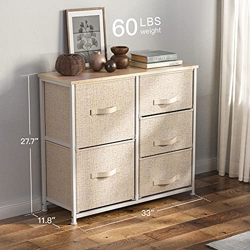 Fabric Dresser, 5 Drawer Storage Chest Tower, Organizer Unit for Bedroom, Hallway, Entryway, Closets and Living Room -Sturdy Steel Frame, Wood Top, Easy Pull