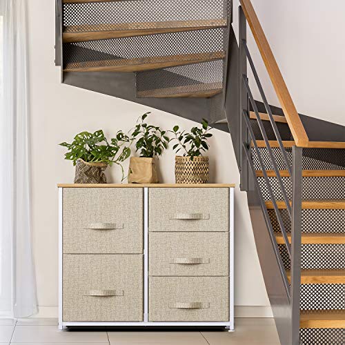 Fabric Dresser, 5 Drawer Storage Chest Tower, Organizer Unit for Bedroom, Hallway, Entryway, Closets and Living Room -Sturdy Steel Frame, Wood Top, Easy Pull