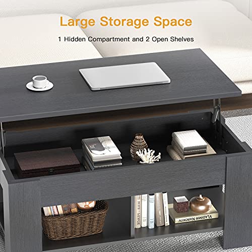 Coffee Table Lift Top with Storage Compartment and Separated Open Shelves, Pop Up Coffee Table for Living Room, 39.4in L, Black