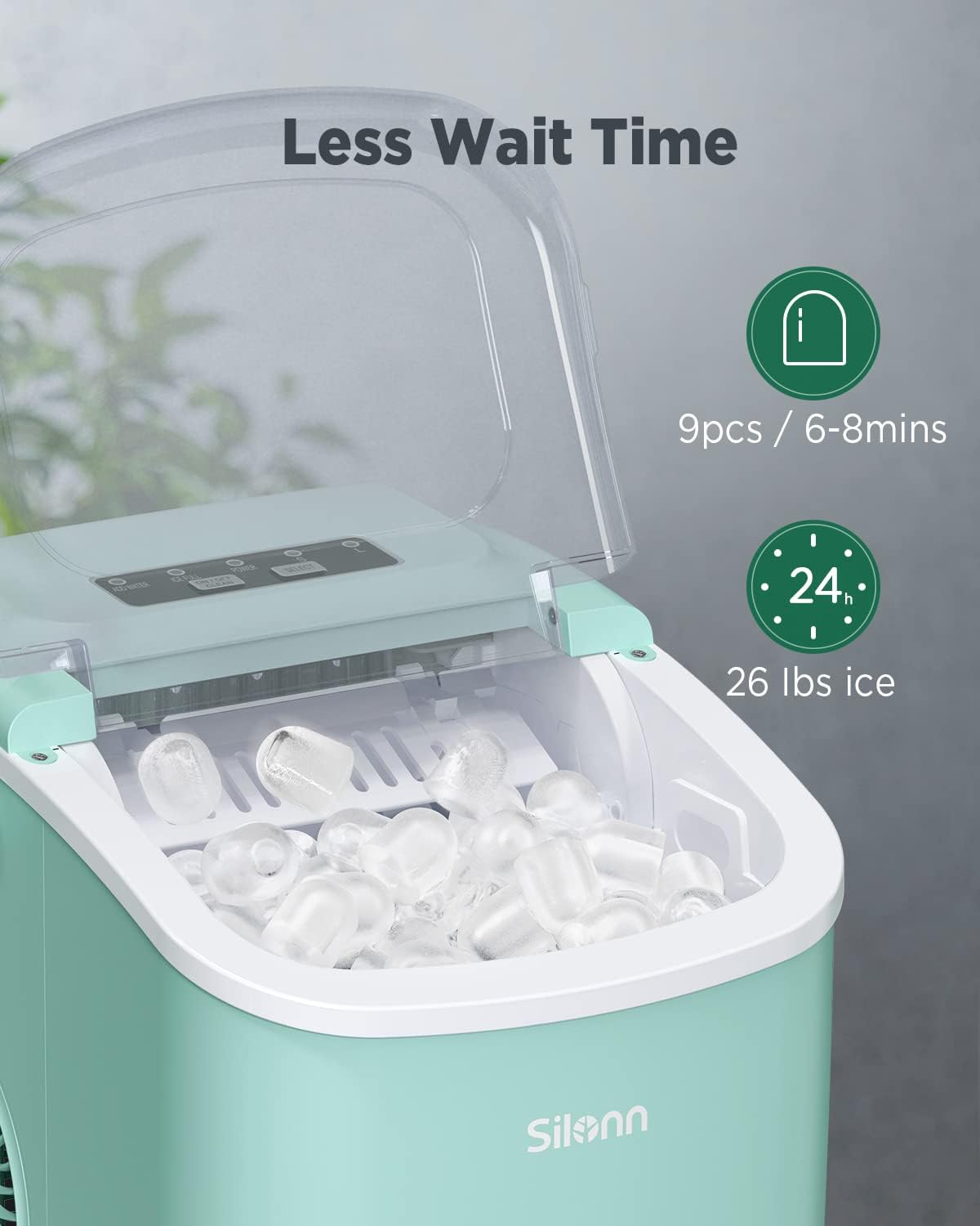 Countertop Ice Maker, 9 Cubes Ready in 6 Mins, 26lbs in 24Hrs, Self-Cleaning Ice Machine with Ice Scoop and Basket, 2 Sizes of Bullet Ice for Home Kitchen Office Bar Party, Green Ice Maker