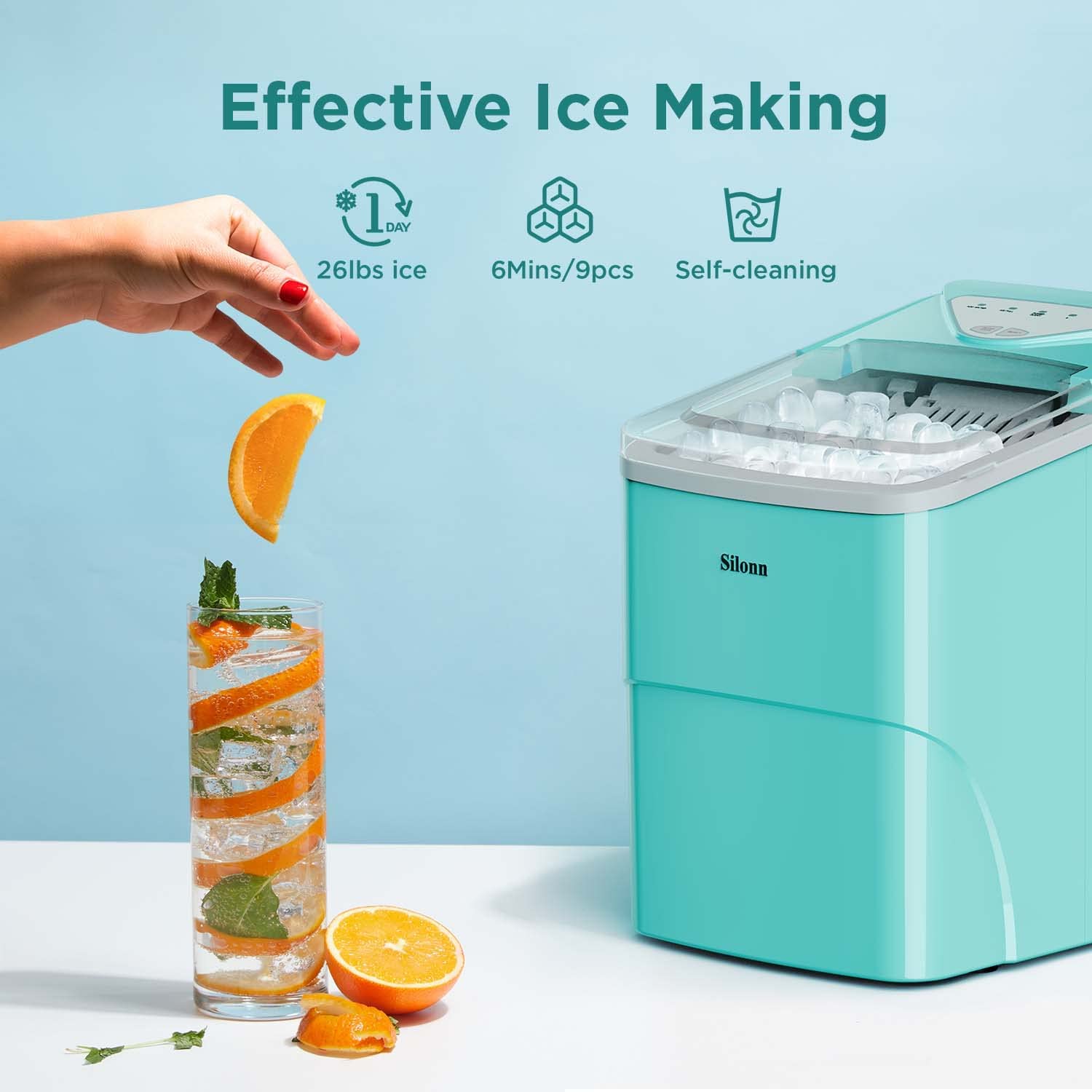 Ice Makers Countertop, 9 Cubes Ready in 6 Mins, 26lbs in 24Hrs, Self-Cleaning Ice Machine with Ice Scoop and Basket, 2 Sizes of Bullet Ice for Home Kitchen Office Bar Party Green