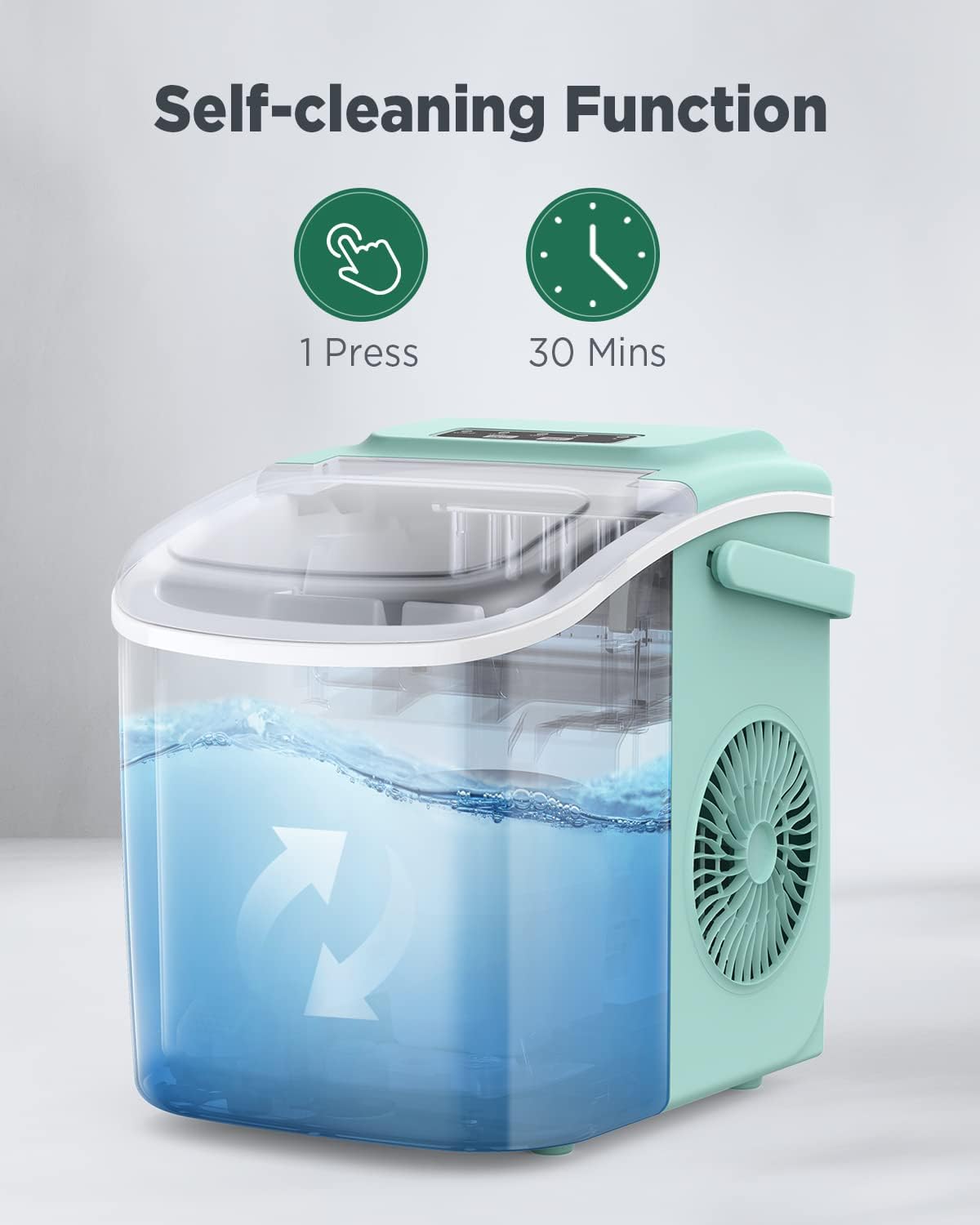 Countertop Ice Maker, 9 Cubes Ready in 6 Mins, 26lbs in 24Hrs, Self-Cleaning Ice Machine with Ice Scoop and Basket, 2 Sizes of Bullet Ice for Home Kitchen Office Bar Party, Green Ice Maker