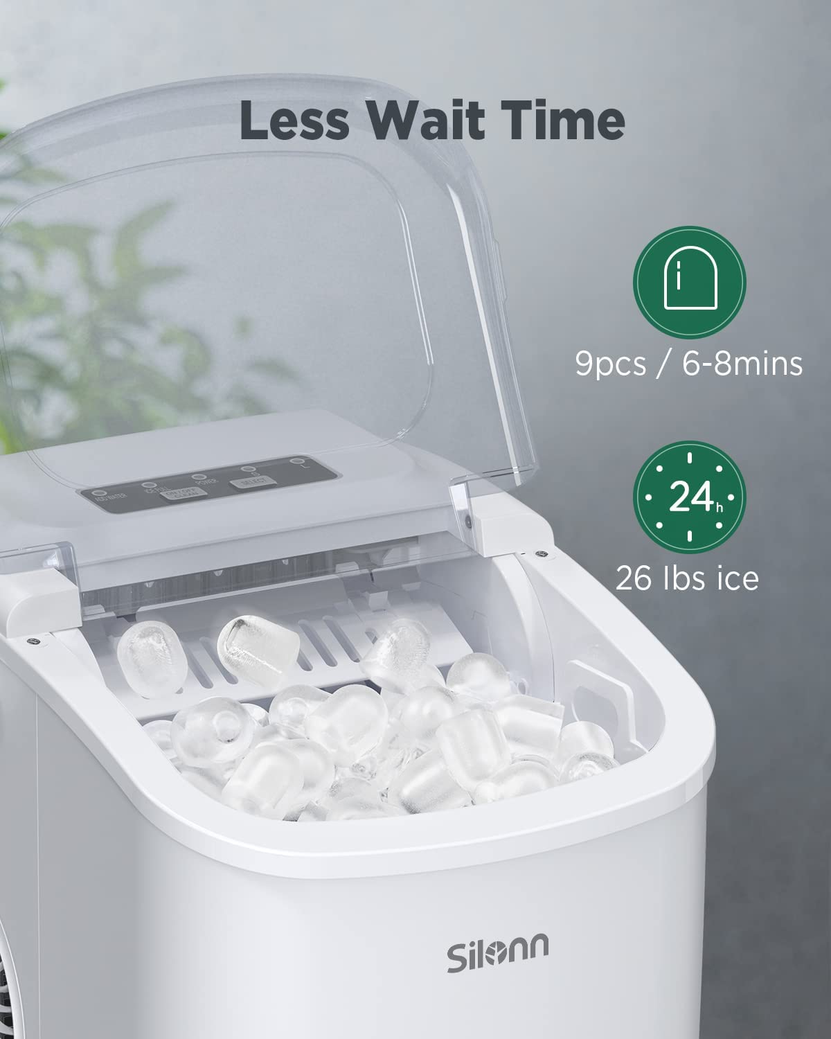 Countertop Ice Maker, 9 Cubes Ready in 6 Mins, 26lbs in 24Hrs, Self-Cleaning Ice Machine with Ice Scoop and Basket, 2 Sizes of Bullet Ice for Home Kitchen Office Bar Party,  White Ice Maker