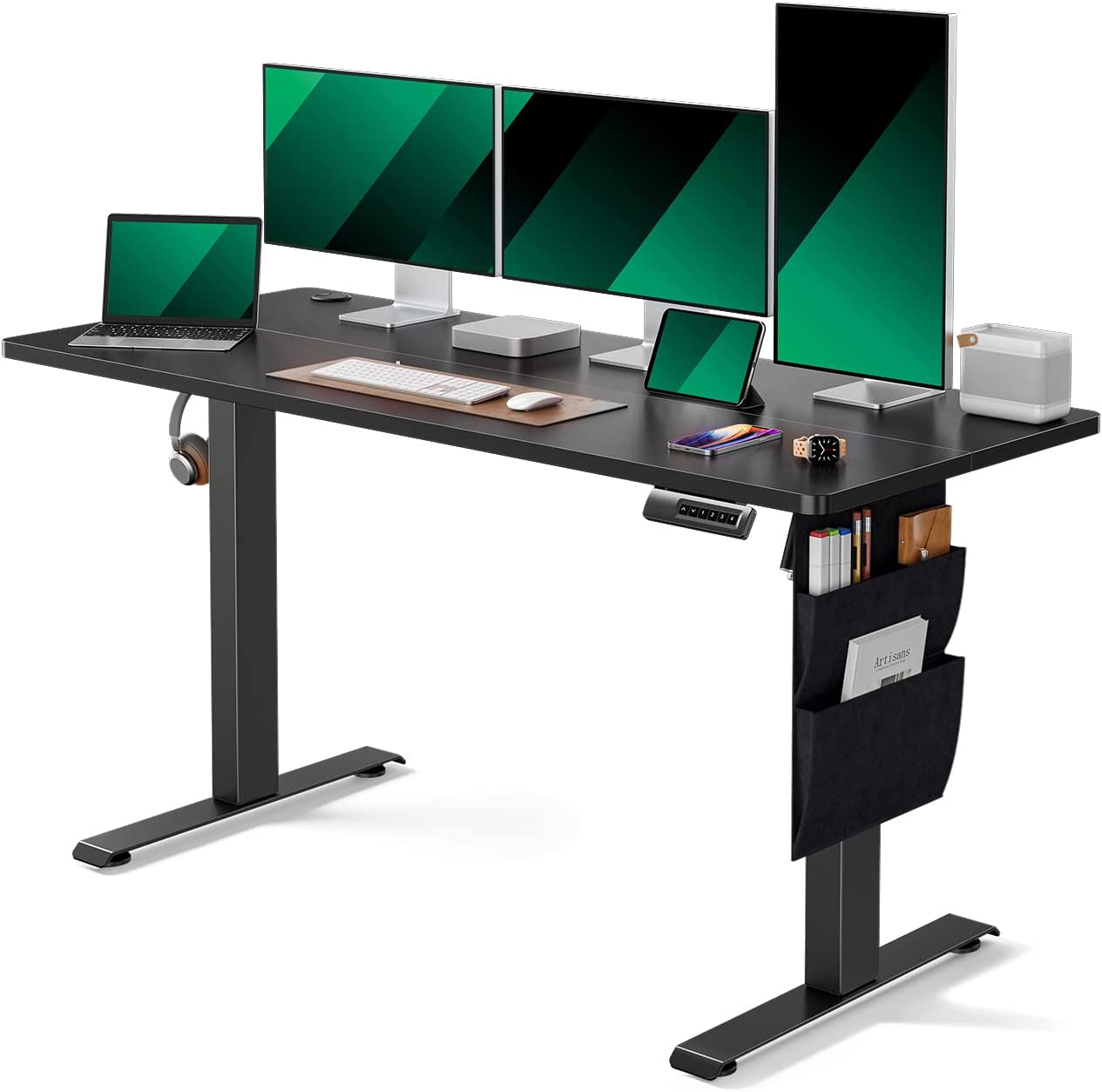 Standing Desk Adjustable Height, 55x24 Inch Electric Standing Desk with Storage Bag, Stand up Desk for Home Office Computer Desk Memory Preset with Headphone Hook Dark Black 55*24 Inch