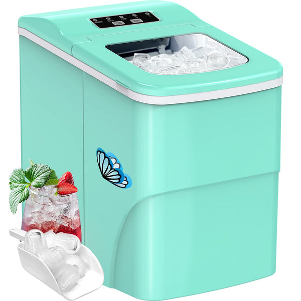 Ice Maker Machine for Countertop, 9 Bullet Ice Cubes Ready in 6 Minutes, 26lbs in 24Hrs Portable Ice Maker Machine Self-Cleaning, 2 Sizes of Bullet-Shaped Ice for Home Kitchen Office Bar Party Green