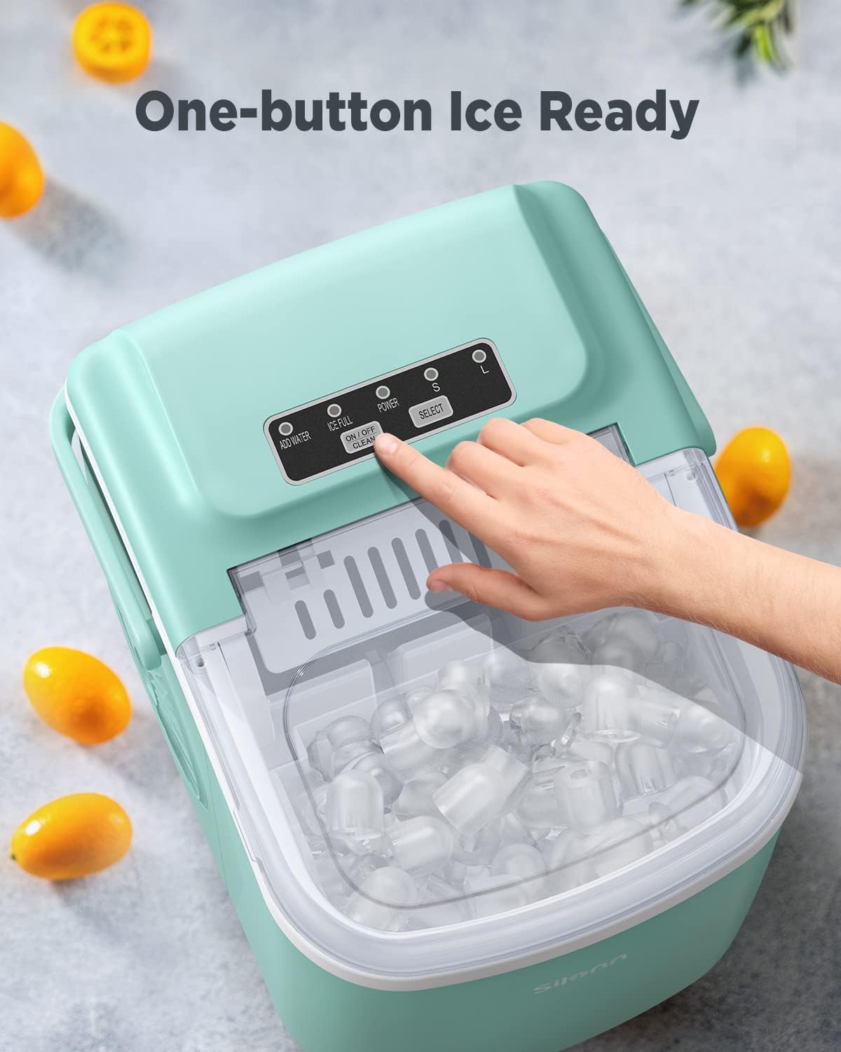 Countertop Ice Maker, 9 Cubes Ready in 6 Mins, 26lbs in 24Hrs, Self-Cleaning Ice Machine with Ice Scoop and Basket, 2 Sizes of Bullet Ice for Home Kitchen Office Bar Party, Green Ice Maker