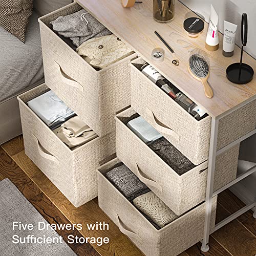 Fabric Dresser, 5 Drawer Storage Chest Tower, Organizer Unit for Bedroom, Hallway, Entryway, Closets and Living Room -Sturdy Steel Frame, Wood Top, Easy Pull