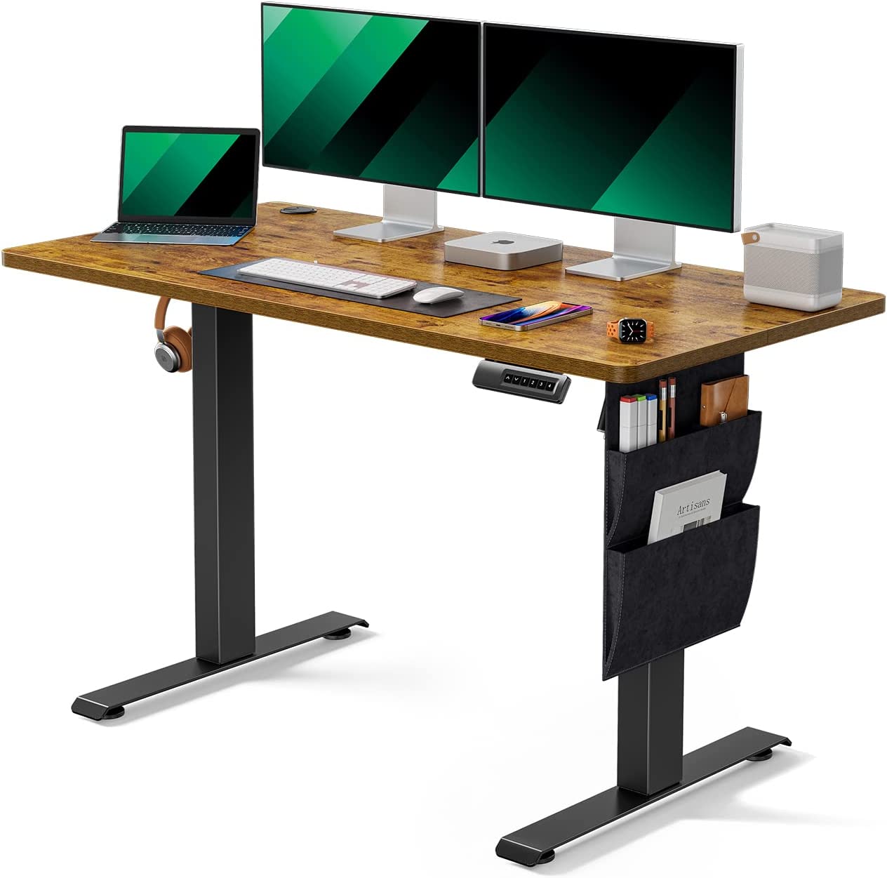 Standing Desk Adjustable Height, 48x24 Inch Electric Standing Desk with Storage Bag, Stand up Desk for Home Office Computer Desk Memory Preset with Headphone Hook Rustic Brown 48*24 Inch