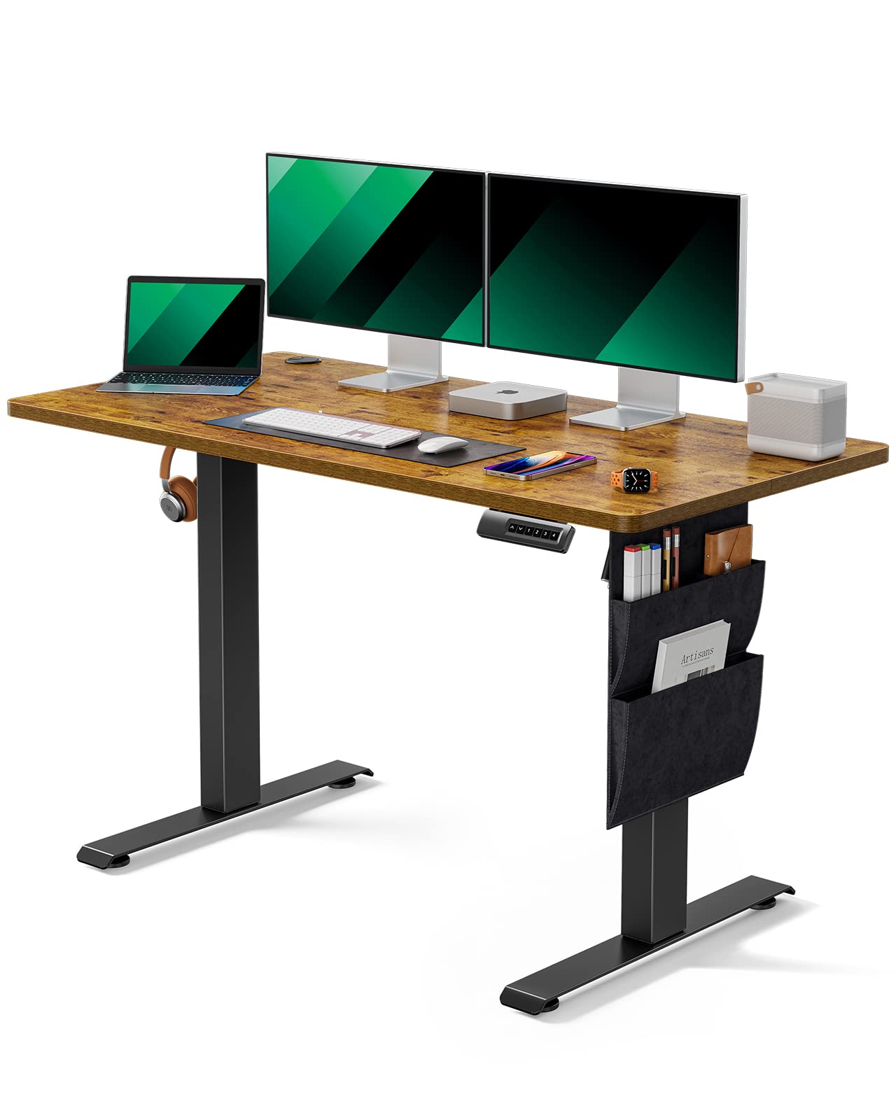 Standing Desk Adjustable Height, 48x24 Inch Electric Standing Desk with Storage Bag, Stand up Desk for Home Office Computer Desk Memory Preset with Headphone Hook Rustic Brown 48*24 Inch