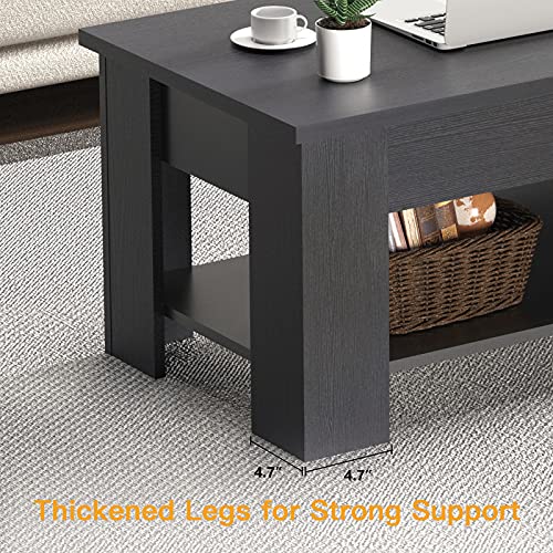 Coffee Table Lift Top with Storage Compartment and Separated Open Shelves, Pop Up Coffee Table for Living Room, 39.4in L, Black