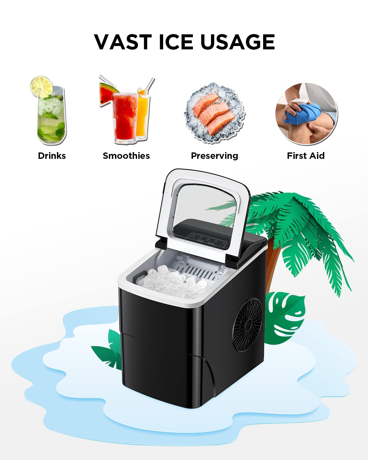 Ice Maker Machine for Countertop, 9 Bullet Ice Cubes Ready in 6 Minutes, 26lbs in 24Hrs Portable Ice Maker Machine Self-Cleaning, 2 Sizes of Bullet-Shaped Ice for Home Kitchen Office Bar Party Black