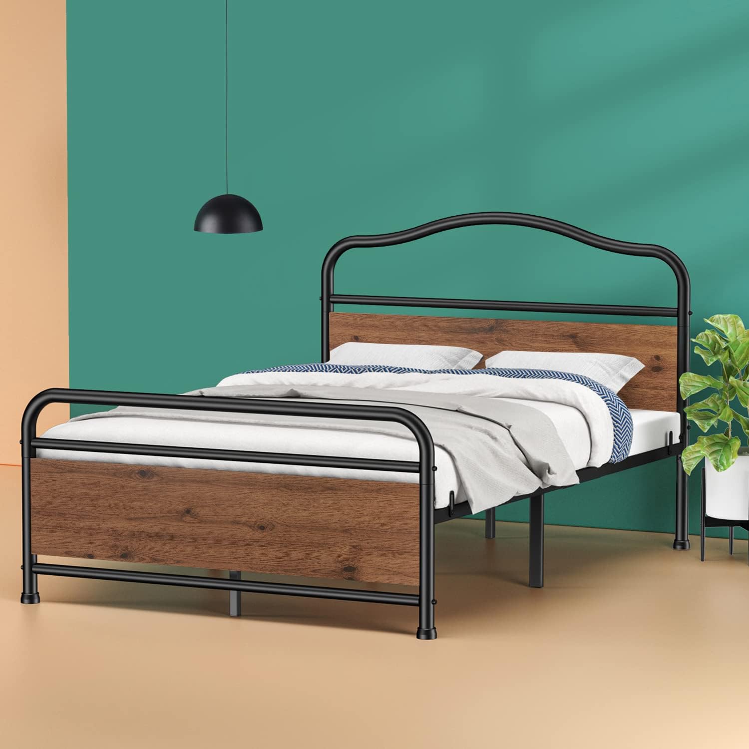 Ciays Queen Size Metal Platform Bed Frame Mattress Foundation with Sturdy Wood Headboard and Footboard No Box Spring Needed Under Bed Storage Steel Slats,Black Queen Steel & wood frame