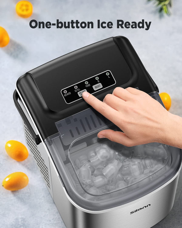 Countertop Ice Maker, 9 Cubes Ready in 6 Mins, 26lbs in 24Hrs, Self-Cleaning Ice Machine with Ice Scoop and Basket, 2 Sizes of Bullet Ice, Stainless Steel