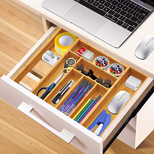 Bamboo Kitchen Drawer Organizer Large Silverware Tray, Expandable Wooden Cutlery Holder for Spoon Fork Flatware Adjustable Utensil Organizer（7-9 Slot）