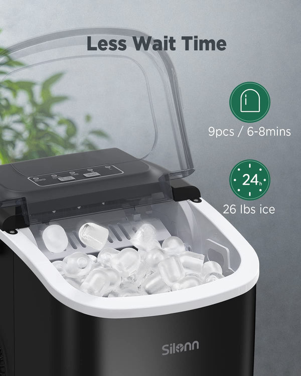 Silonn Ice Makers Countertop, Portable Ice Maker Machine with Self-Cleaning, 6 Mins/9 Pcs Bullet Ice, Ice Scoop and Basket, Handheld Ice Maker for Kitchen/Home/Office/Party