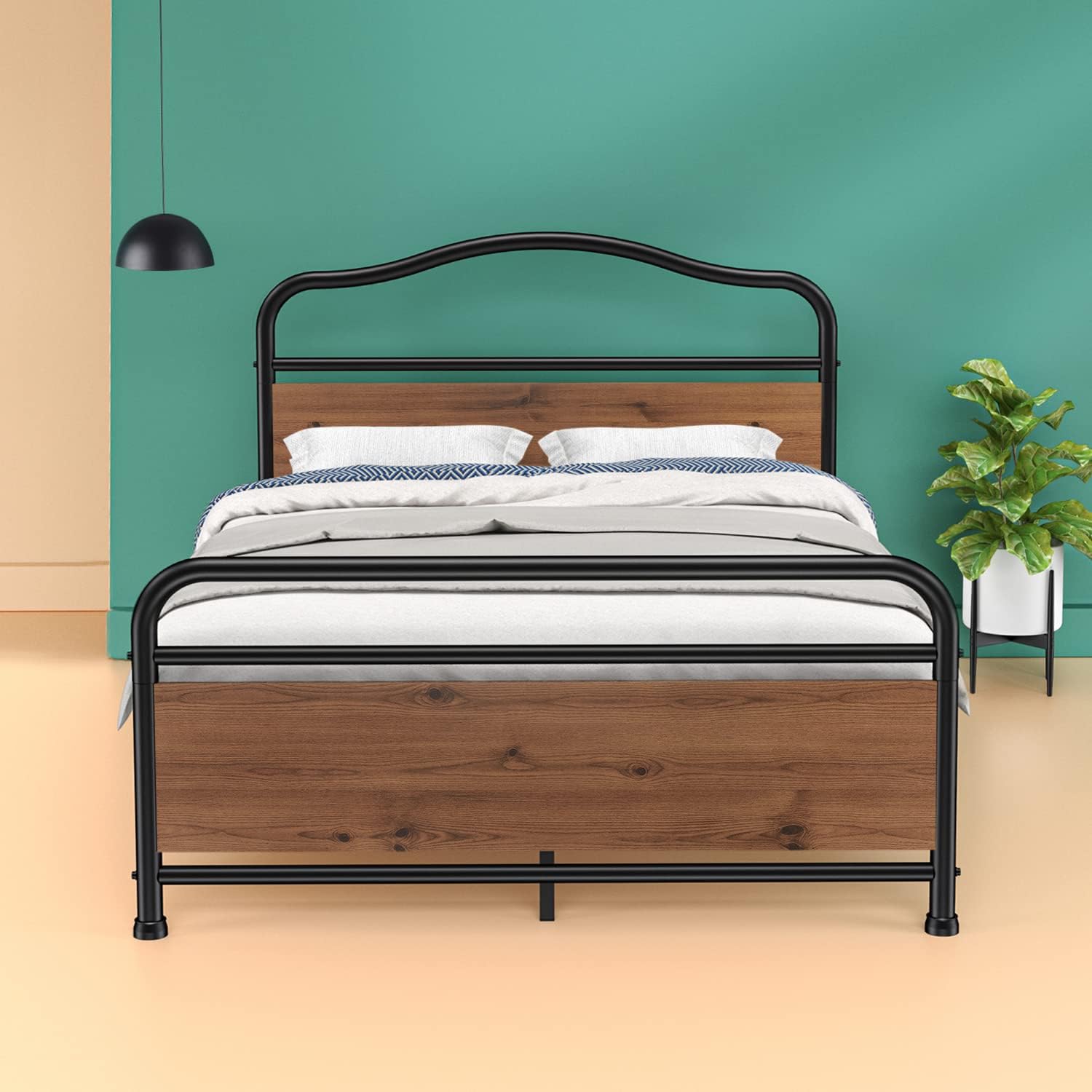 Ciays Queen Size Metal Platform Bed Frame Mattress Foundation with Sturdy Wood Headboard and Footboard No Box Spring Needed Under Bed Storage Steel Slats,Black Queen Steel & wood frame