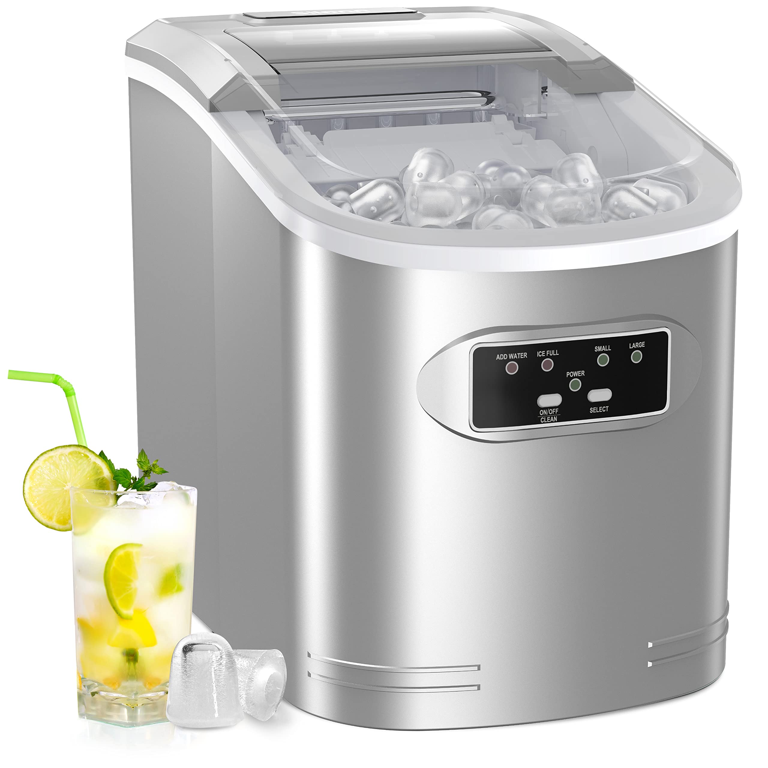 Ice Maker Machine Countertop, 26 lbs in 24 Hours, 9 Cubes Ready in 6 Mins, Self-Clean Ice Maker Compact Portable Ice Maker with Ice Scoop and Basket, Silver Gray