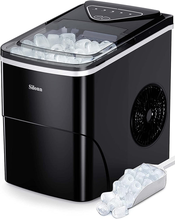 Ice Makers Countertop, 9 Cubes Ready in 6 Mins, 26lbs in 24Hrs, Self-Cleaning Ice Machine with Ice Scoop and Basket, 2 Sizes of Bullet Ice for Home Kitchen Office Bar Party Black