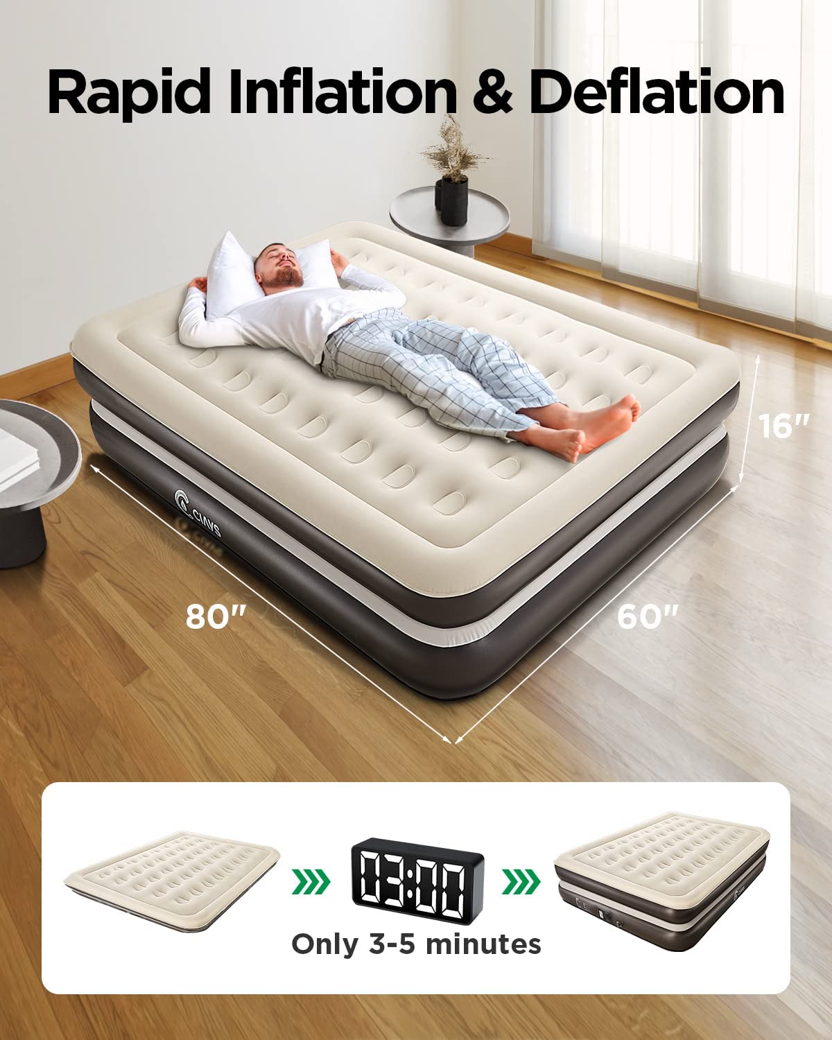 Air Mattress Queen with Built-in Pump, Double High Blow Up Mattress with Carrying Bag, Inflatable Air Bed for Guests, Family, Brown Brown Queen