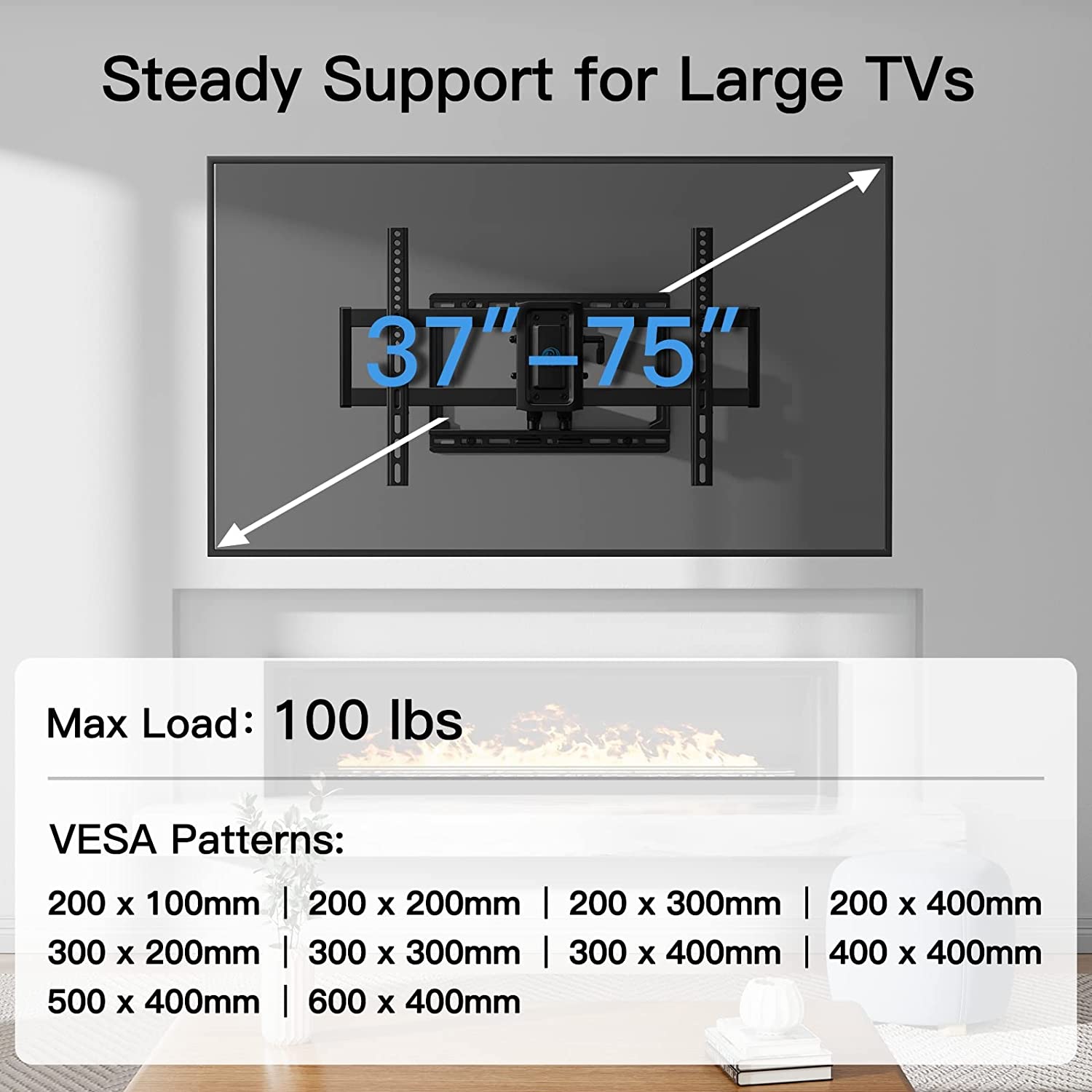 Full Motion TV Wall Mount for 37-75 inch LED LCD OLED TVs, Swivel TV Mount Wall Bracket Dual Articulating Extension Arms, Max VESA 600x400mm Holds up to 100lbs, Fits 8/12/16