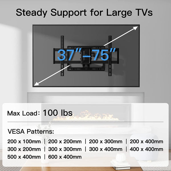 Full Motion TV Wall Mount for 37-75 inch LED LCD OLED TVs, Swivel TV Mount Wall Bracket Dual Articulating Extension Arms, Max VESA 600x400mm Holds up to 100lbs, Fits 8/12/16" Wood Stud