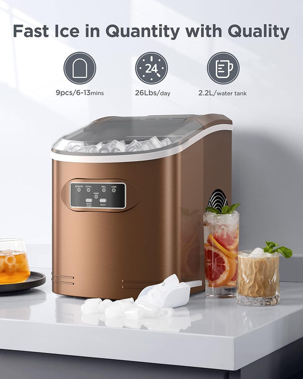 Ice Maker Countertop, Portable Ice Machine with Carry Handle, Self-Cleaning Ice Makers with Basket and Scoop, 9 Cubes in 6 Mins, 26 lbs per Day, Ideal for Home, Kitchen, Camping, RV