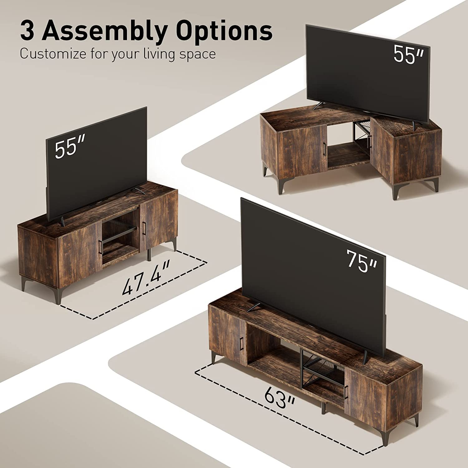 Adjustable TV Console for up to 75 Inch TVs with 3 Assembly Options, TV Stand with Storage Cabinets & Cable Cutouts, Mid Century Modern TV Stand Holds up to 110 lbs, PIRTS05WN