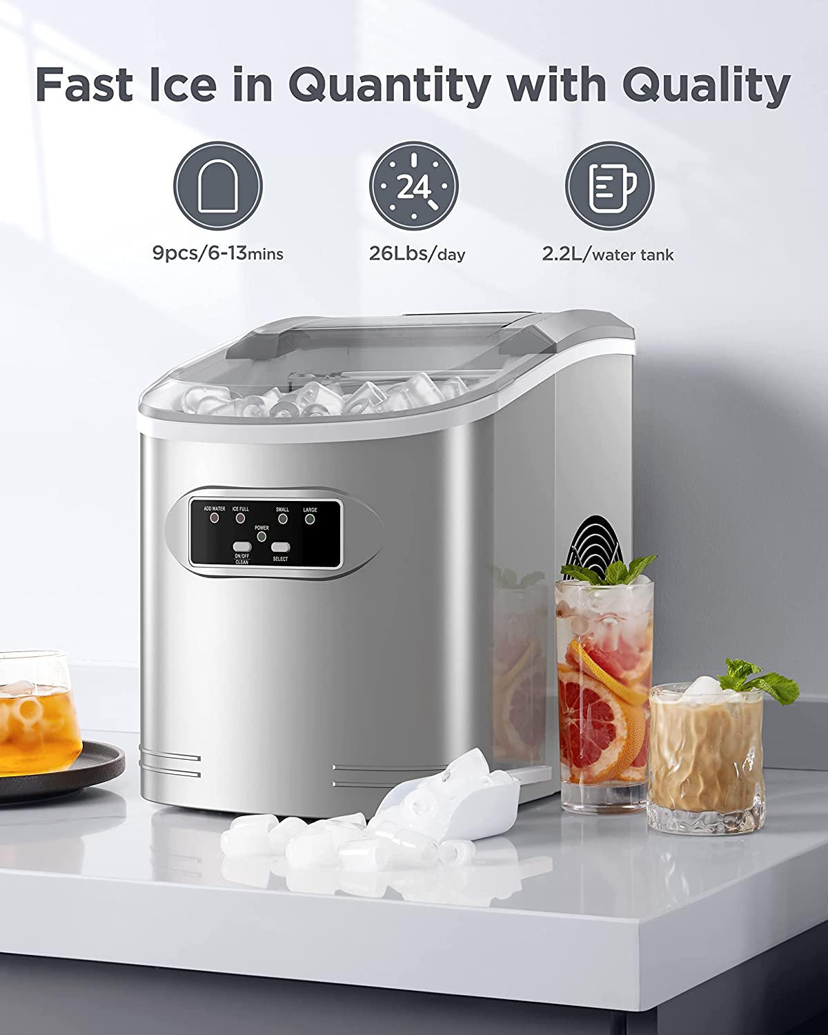 Ice Maker Machine Countertop, 26 lbs in 24 Hours, 9 Cubes Ready in 6 Mins, Self-Clean Ice Maker Compact Portable Ice Maker with Ice Scoop and Basket, Silver Gray